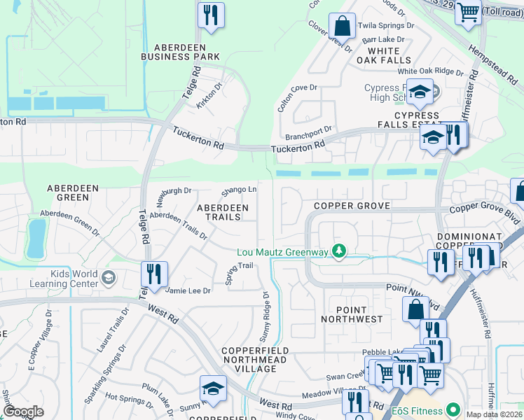 map of restaurants, bars, coffee shops, grocery stores, and more near 9407 Reston Grove Lane in Houston
