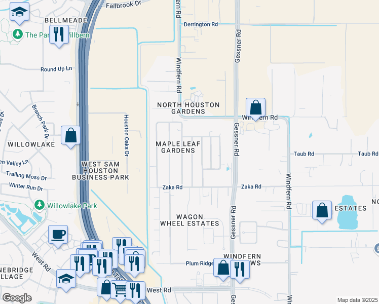 map of restaurants, bars, coffee shops, grocery stores, and more near 9603 Silver Maple Street in Houston