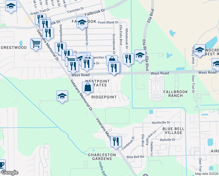 map of restaurants, bars, coffee shops, grocery stores, and more near 10111 Ridgecoral Court in Houston