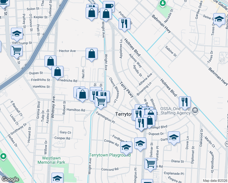 map of restaurants, bars, coffee shops, grocery stores, and more near 309 Coral Avenue in Terrytown