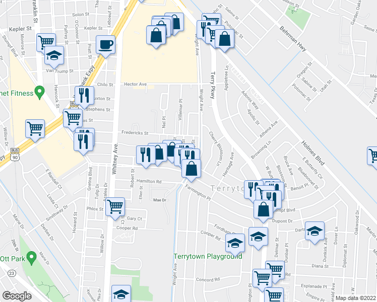 map of restaurants, bars, coffee shops, grocery stores, and more near 324 Ruby Street in Terrytown