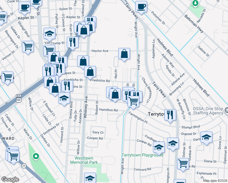 map of restaurants, bars, coffee shops, grocery stores, and more near 717 Hinyub Avenue in Terrytown