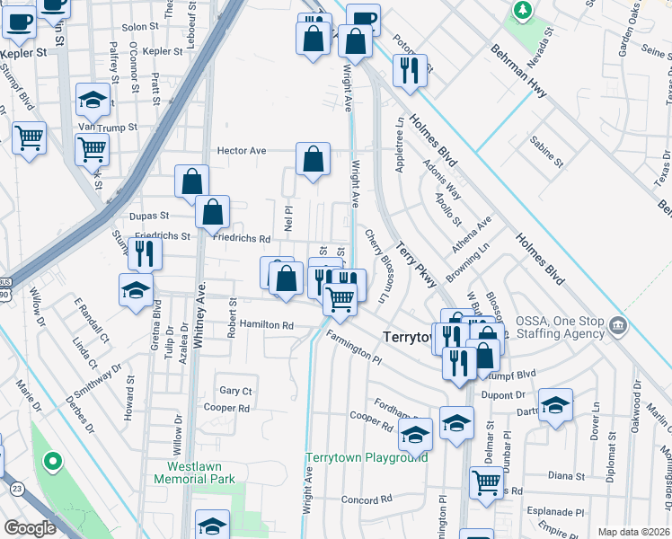 map of restaurants, bars, coffee shops, grocery stores, and more near 324 Ruby Street in Terrytown
