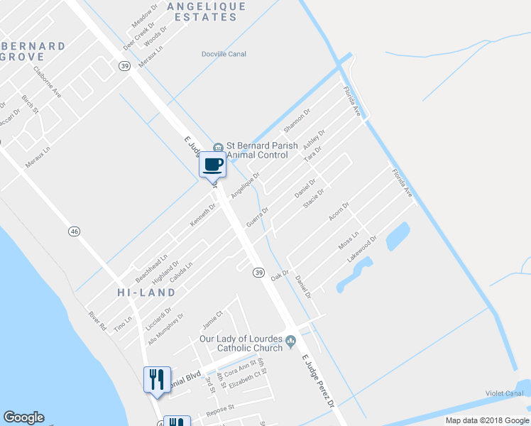 map of restaurants, bars, coffee shops, grocery stores, and more near 2713 Guerra Drive in Violet