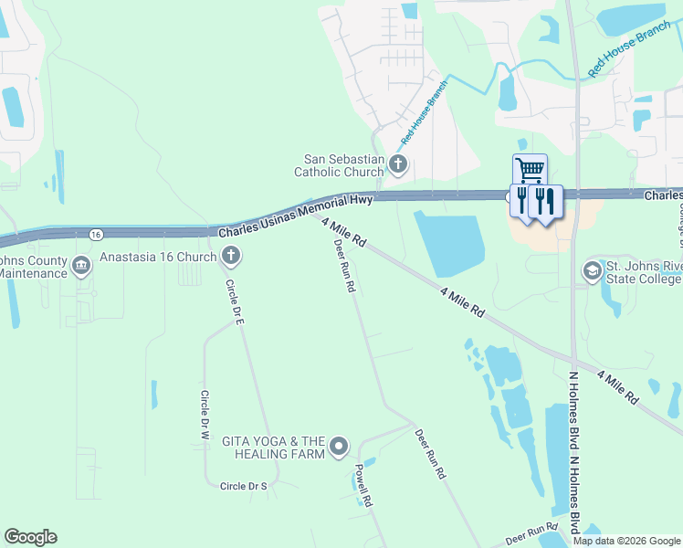 map of restaurants, bars, coffee shops, grocery stores, and more near 2475 Deer Run Road in St. Augustine