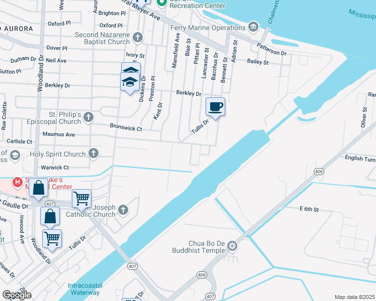 map of restaurants, bars, coffee shops, grocery stores, and more near 15313 Jennifer Street in New Orleans