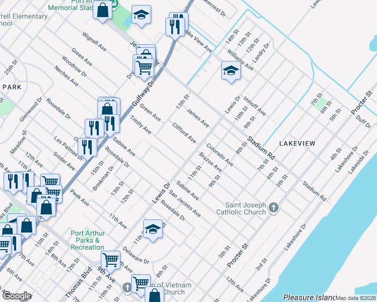 map of restaurants, bars, coffee shops, grocery stores, and more near 4533 Lewis Drive in Port Arthur