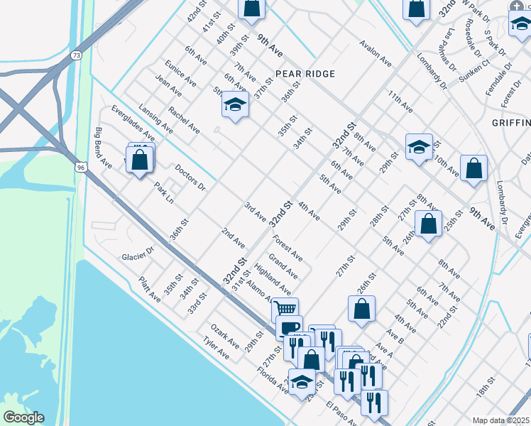 map of restaurants, bars, coffee shops, grocery stores, and more near 3320 3rd Avenue in Port Arthur
