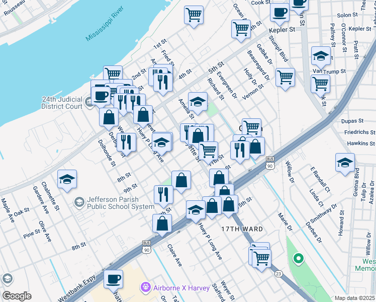map of restaurants, bars, coffee shops, grocery stores, and more near 535 9th Street in Gretna