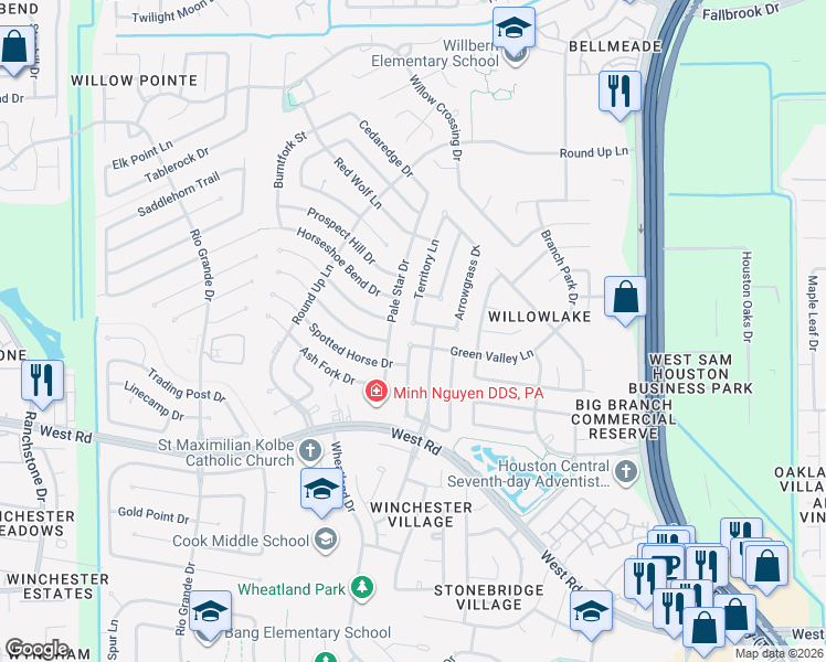 map of restaurants, bars, coffee shops, grocery stores, and more near 9911 Sand Pass Lane in Houston