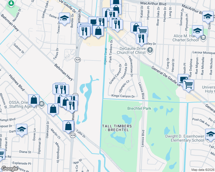map of restaurants, bars, coffee shops, grocery stores, and more near 59 Grand Canyon Dr in New Orleans