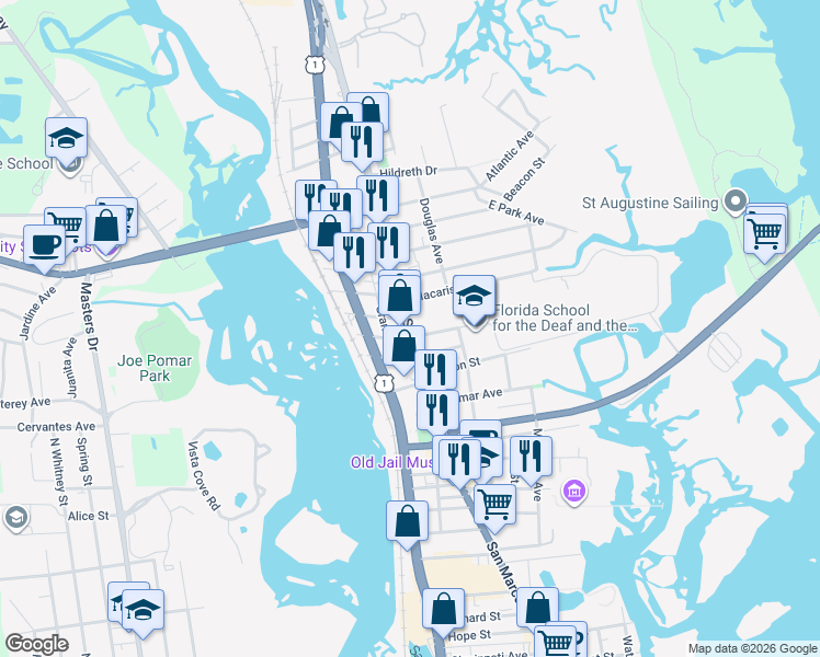 map of restaurants, bars, coffee shops, grocery stores, and more near 207 San Marco Avenue in St. Augustine