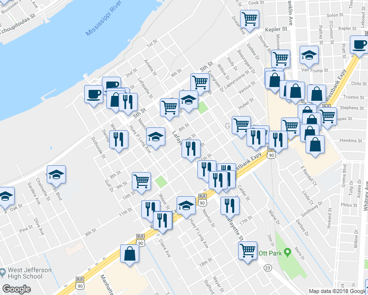 map of restaurants, bars, coffee shops, grocery stores, and more near 914 Lafayette Street in Gretna