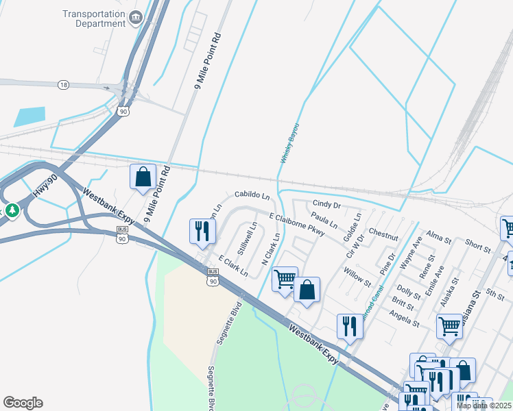 map of restaurants, bars, coffee shops, grocery stores, and more near 9424 East Claiborne Parkway in Westwego