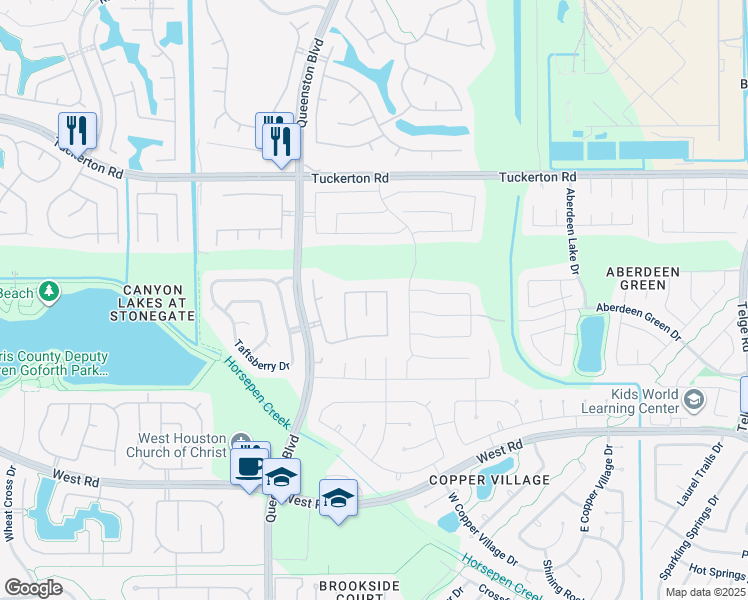 map of restaurants, bars, coffee shops, grocery stores, and more near 9422 Rowan Oak Lane in Houston