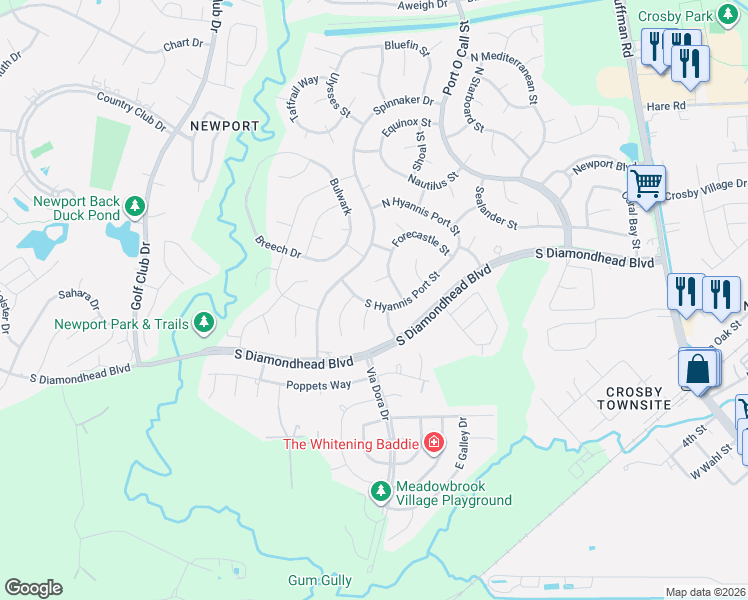 map of restaurants, bars, coffee shops, grocery stores, and more near 806 South Hyannis Port Street in Crosby