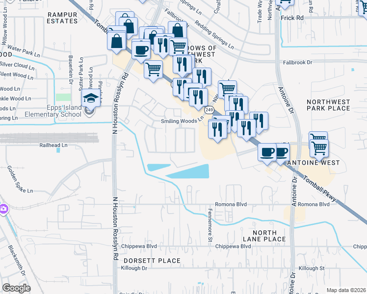 map of restaurants, bars, coffee shops, grocery stores, and more near 12611 Ginger Cove Lane in Houston