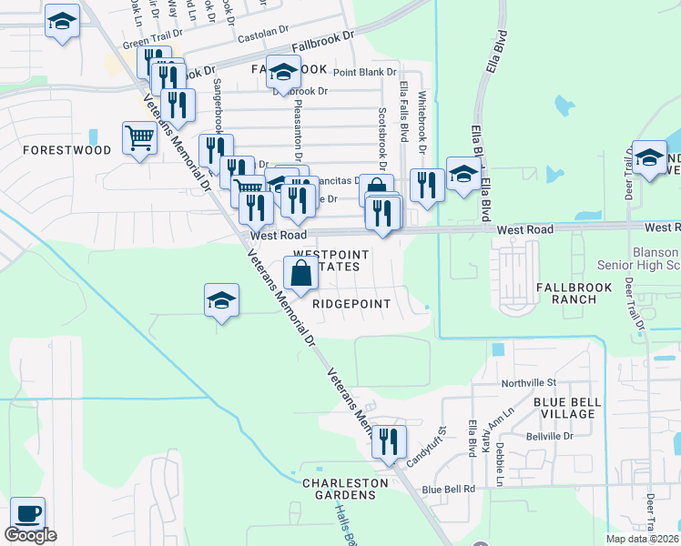 map of restaurants, bars, coffee shops, grocery stores, and more near 10110 Lasaber Court in Houston