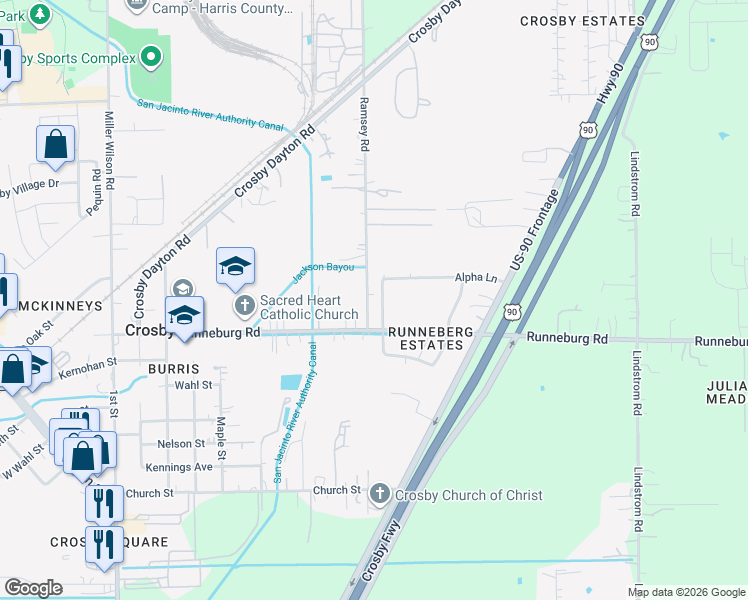 map of restaurants, bars, coffee shops, grocery stores, and more near 15820 Rownita Street in Crosby