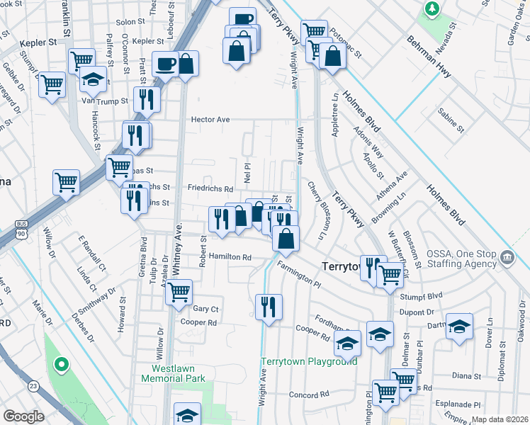 map of restaurants, bars, coffee shops, grocery stores, and more near 721 Frisella Street in Terrytown