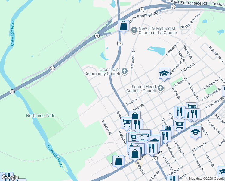 map of restaurants, bars, coffee shops, grocery stores, and more near 915 North Jefferson Street in La Grange