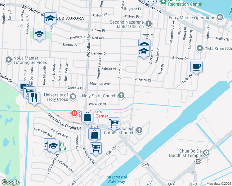 map of restaurants, bars, coffee shops, grocery stores, and more near 6123 Carlisle Court in New Orleans