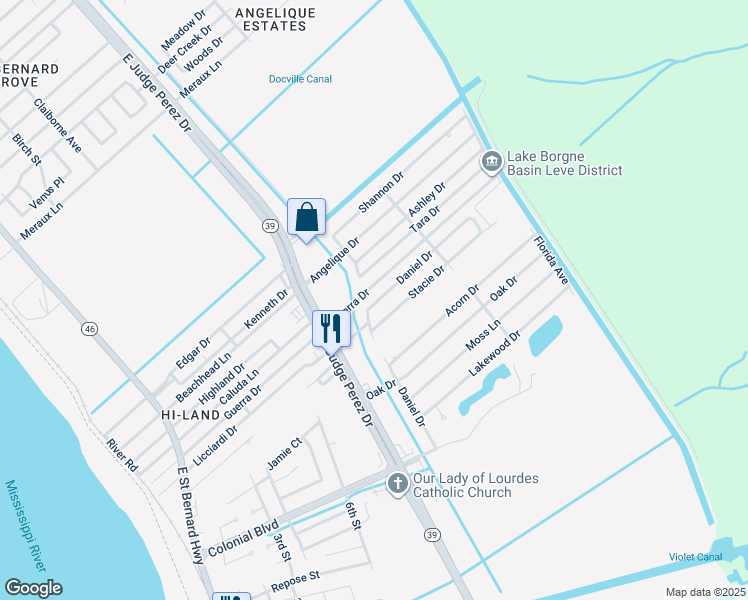 map of restaurants, bars, coffee shops, grocery stores, and more near 2713 Guerra Drive in Violet