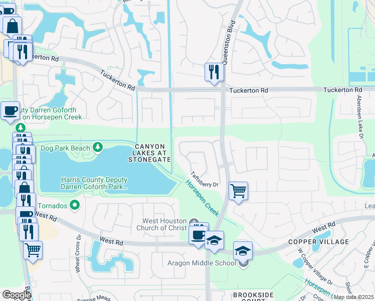 map of restaurants, bars, coffee shops, grocery stores, and more near 9538 Curry Landing Drive in Houston