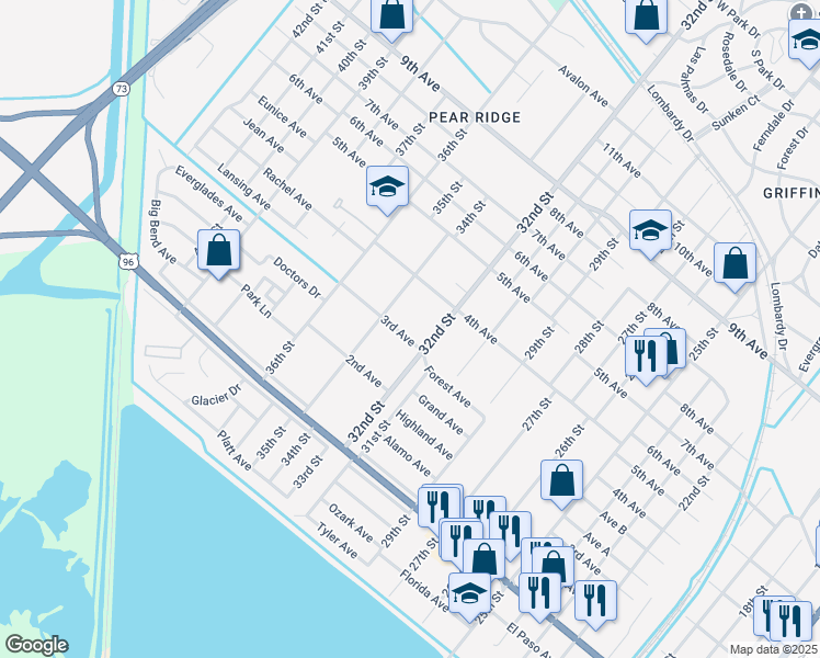 map of restaurants, bars, coffee shops, grocery stores, and more near 3320 3rd Ave in Port Arthur