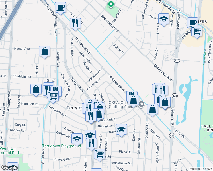 map of restaurants, bars, coffee shops, grocery stores, and more near 2122 North Butterfly Circle in Terrytown