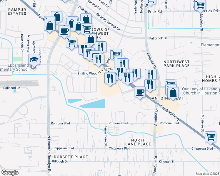 map of restaurants, bars, coffee shops, grocery stores, and more near 13003 Tomball Parkway in Houston