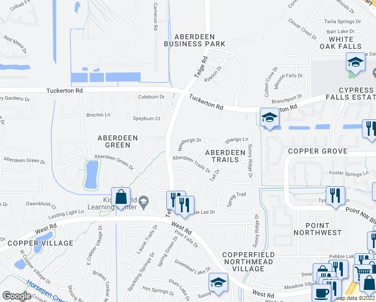 map of restaurants, bars, coffee shops, grocery stores, and more near 9007 Guiness Court in Houston