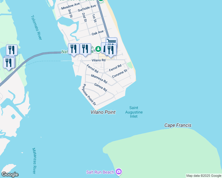 map of restaurants, bars, coffee shops, grocery stores, and more near 316 Genoa Road in St. Augustine