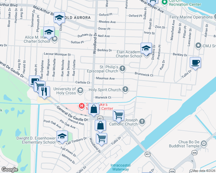 map of restaurants, bars, coffee shops, grocery stores, and more near 6023 Carlisle Court in New Orleans