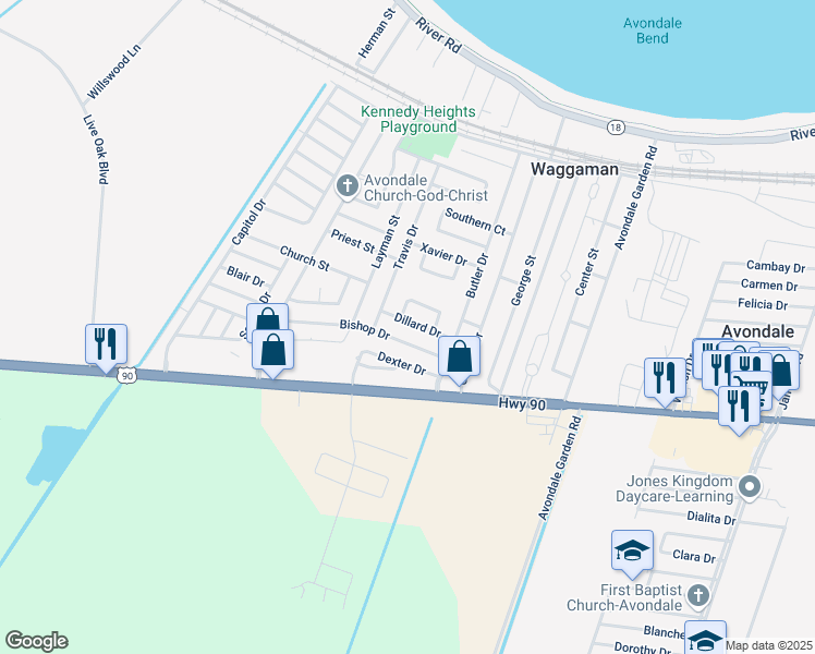 map of restaurants, bars, coffee shops, grocery stores, and more near 141 Dillard Drive in Westwego