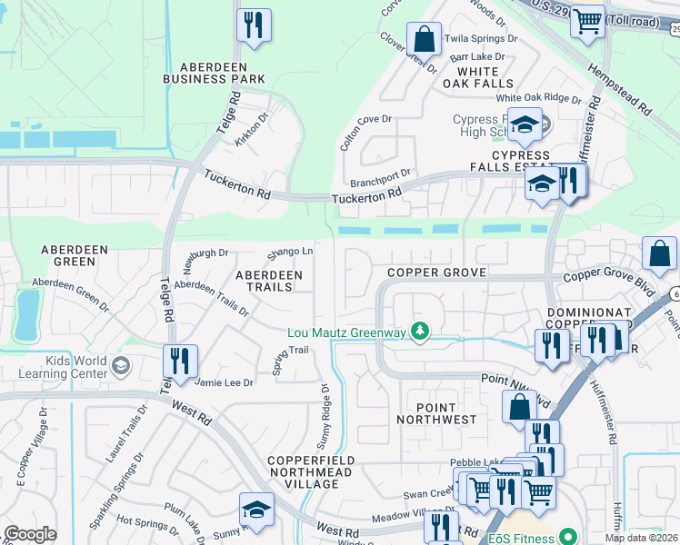 map of restaurants, bars, coffee shops, grocery stores, and more near 9407 Reston Grove Lane in Houston