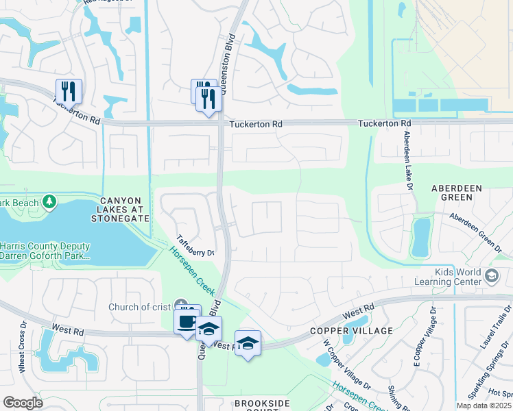 map of restaurants, bars, coffee shops, grocery stores, and more near 9422 Rowan Oak Lane in Houston