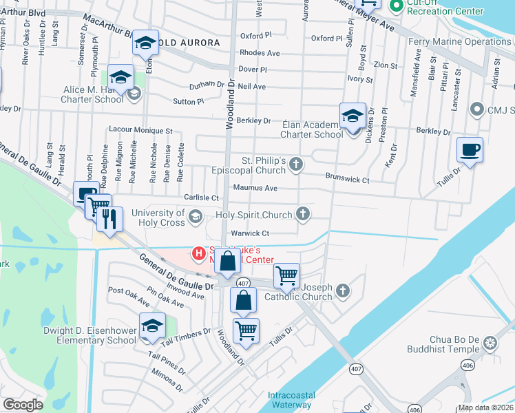 map of restaurants, bars, coffee shops, grocery stores, and more near 6023 Carlisle Court in New Orleans