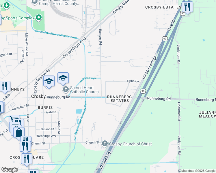 map of restaurants, bars, coffee shops, grocery stores, and more near 15820 Rownita St in Crosby