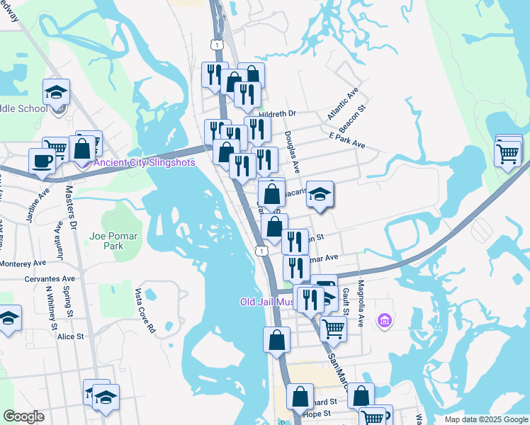 map of restaurants, bars, coffee shops, grocery stores, and more near 21 Grant Street in St. Augustine