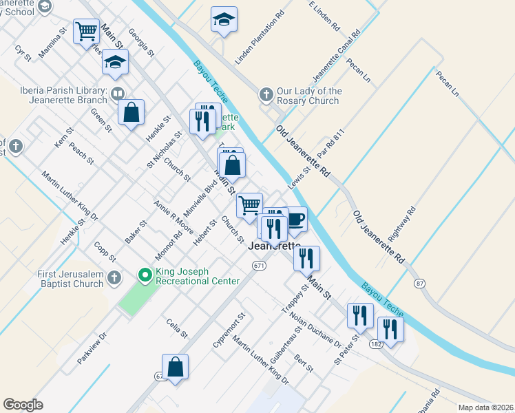 map of restaurants, bars, coffee shops, grocery stores, and more near 1102 Main Street in Jeanerette