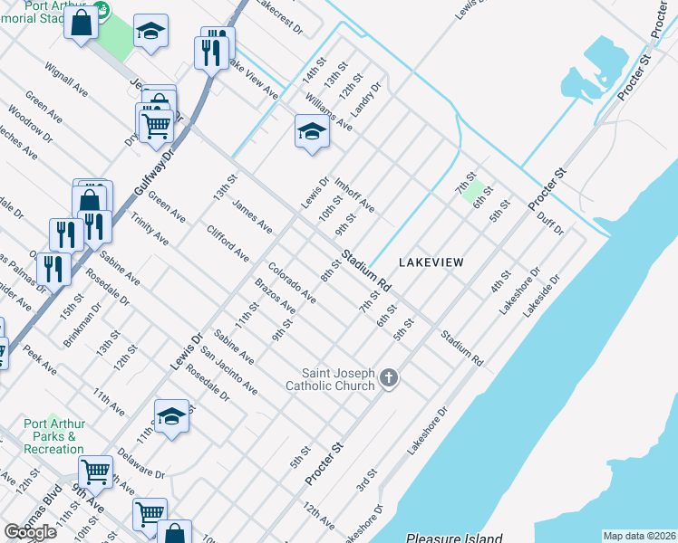 map of restaurants, bars, coffee shops, grocery stores, and more near 839 Riogrande Avenue in Port Arthur