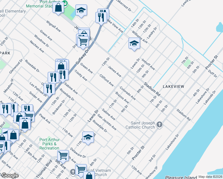 map of restaurants, bars, coffee shops, grocery stores, and more near 4533 Lewis Drive in Port Arthur