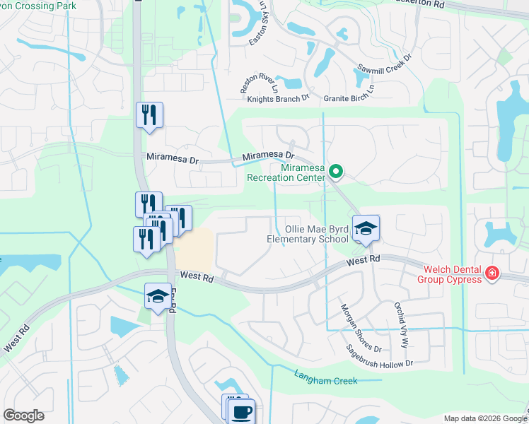 map of restaurants, bars, coffee shops, grocery stores, and more near 20302 Fossil Valley Lane in Cypress