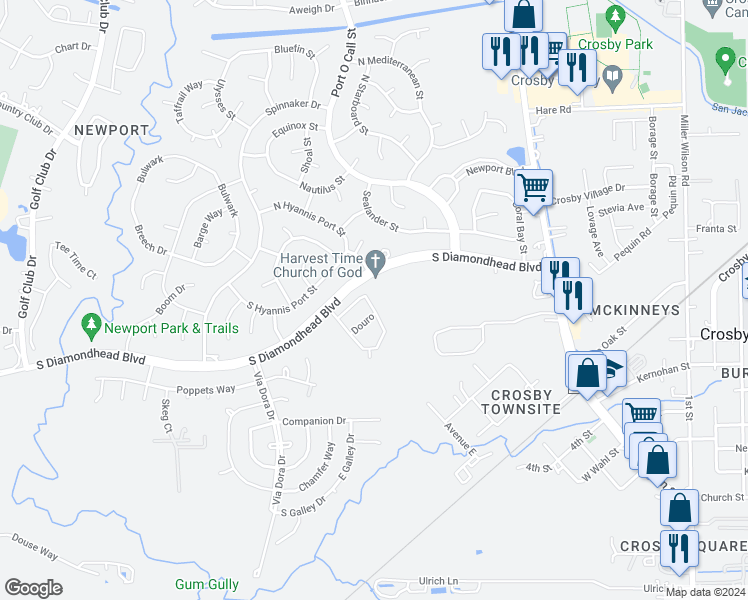 map of restaurants, bars, coffee shops, grocery stores, and more near 15942 Gaia Way in Crosby