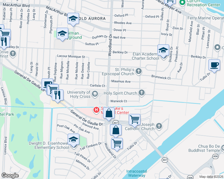 map of restaurants, bars, coffee shops, grocery stores, and more near 5915 Carlisle Court in New Orleans