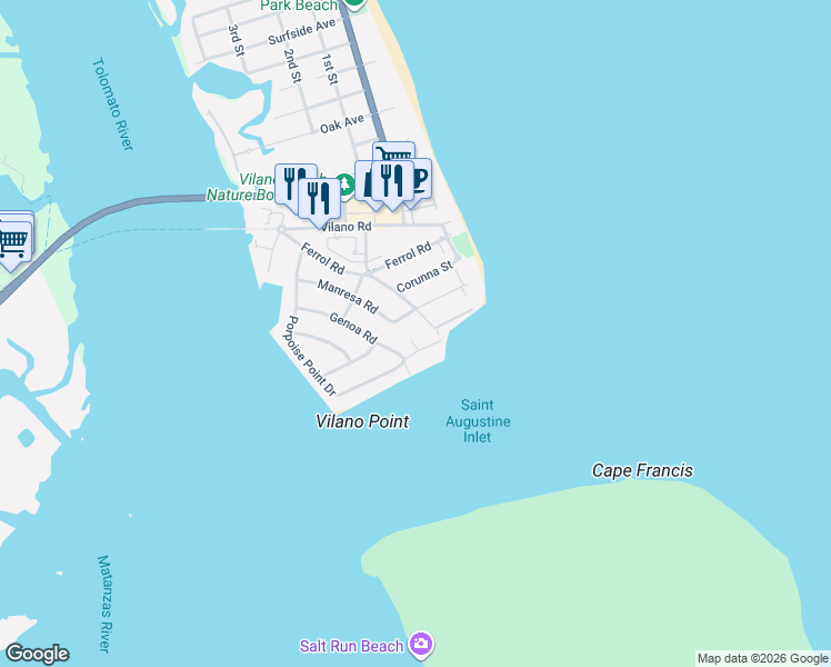 map of restaurants, bars, coffee shops, grocery stores, and more near 316 Genoa Road in St. Augustine