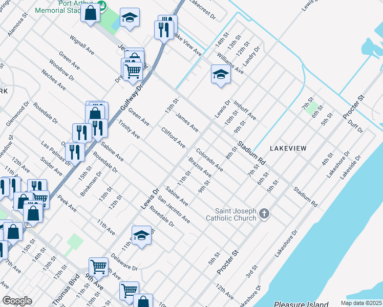 map of restaurants, bars, coffee shops, grocery stores, and more near 4649 10th Street in Port Arthur