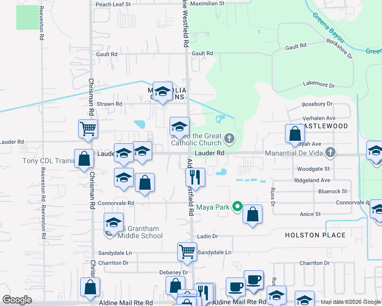 map of restaurants, bars, coffee shops, grocery stores, and more near 2000 Lauder Road in Houston