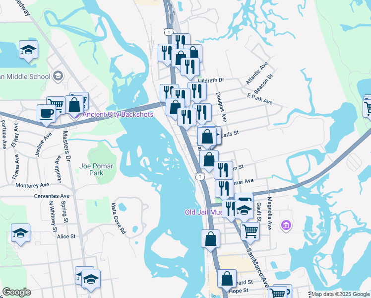map of restaurants, bars, coffee shops, grocery stores, and more near 2203A North Ponce De Leon Boulevard in St. Augustine